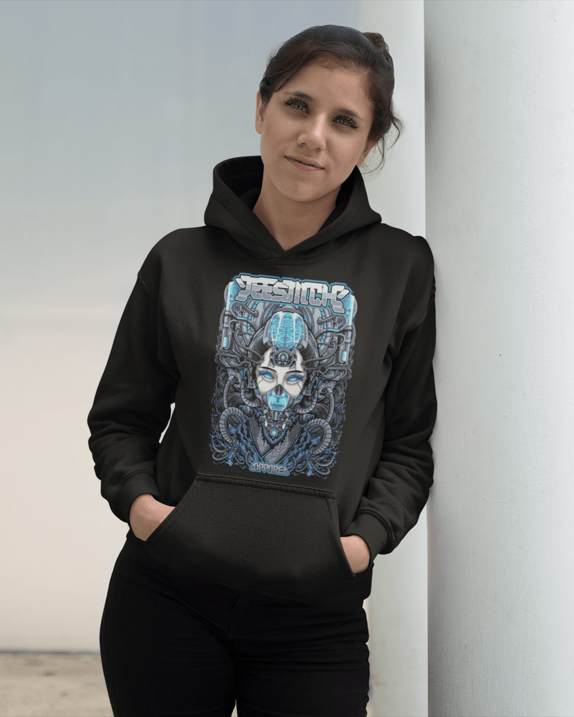 girl-wearing-a-Cyber-Geisha-III-pullover-hoodie-mockup-while-lying-against-a-metal-column-TeeStitchApparel