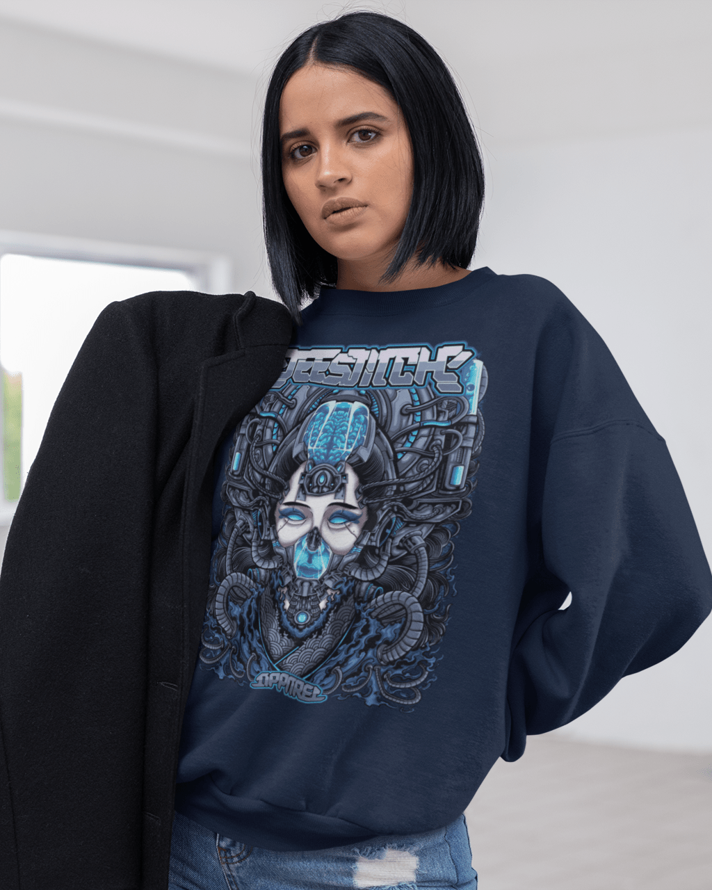 Cyber-Gesisha_III-mockup-of-a-girl-holding-a-black-coat-in-a-white-room-TeeStitch-Apparel