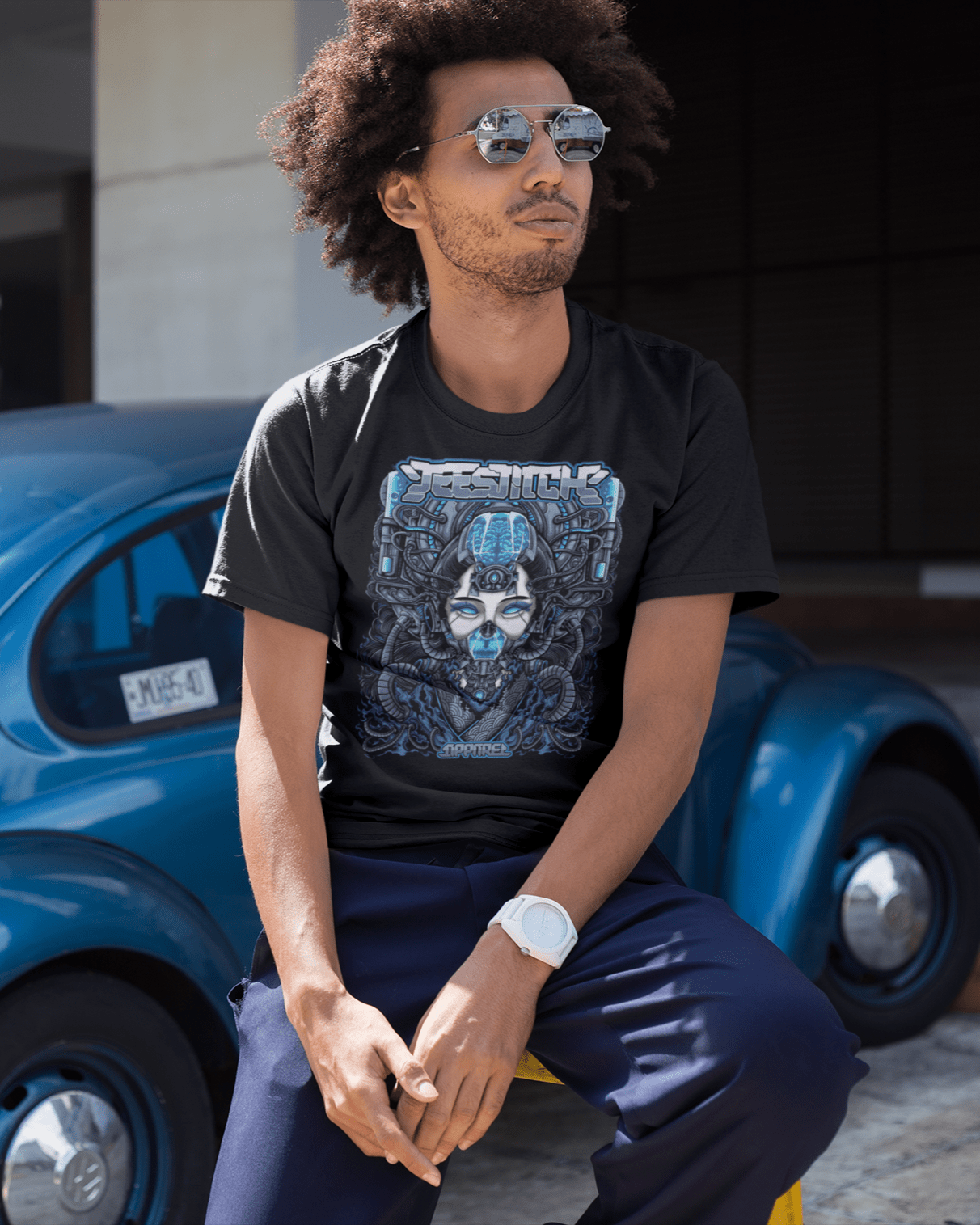 Cyber-Geisha-III-t-shirt-mockup-of-a-man-with-an-afro-leaning-on-a-parking-rail