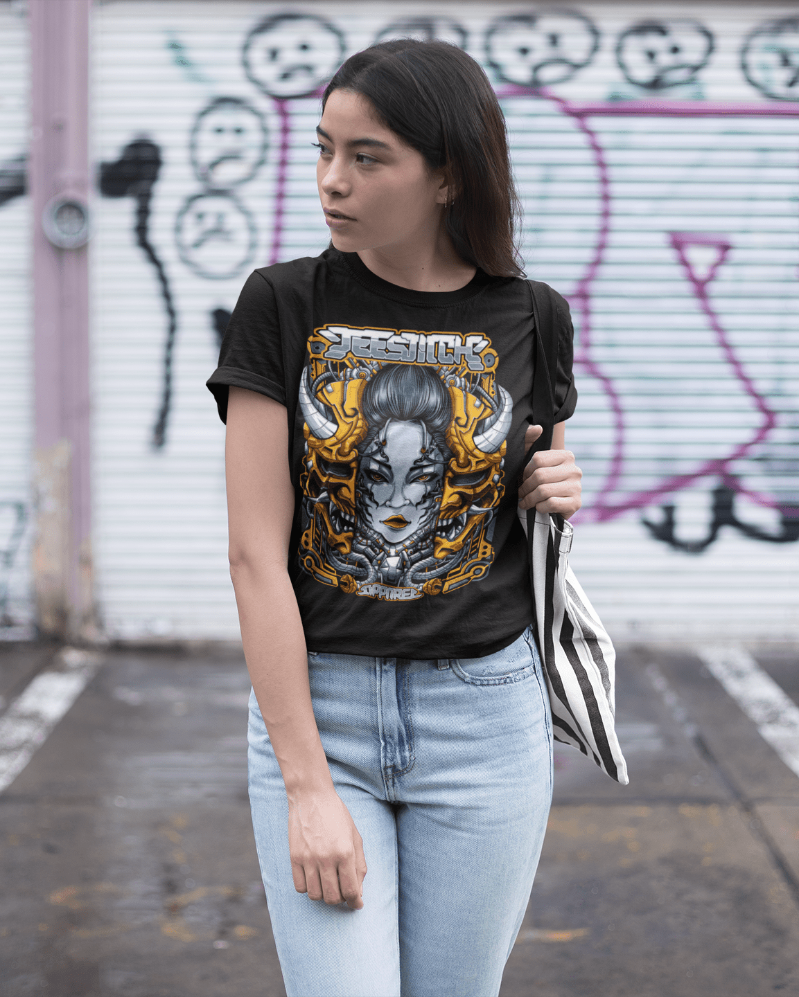Cyber-Oni-Empress-mockup-of-a-woman-wearing-a-unisex-t-shirt