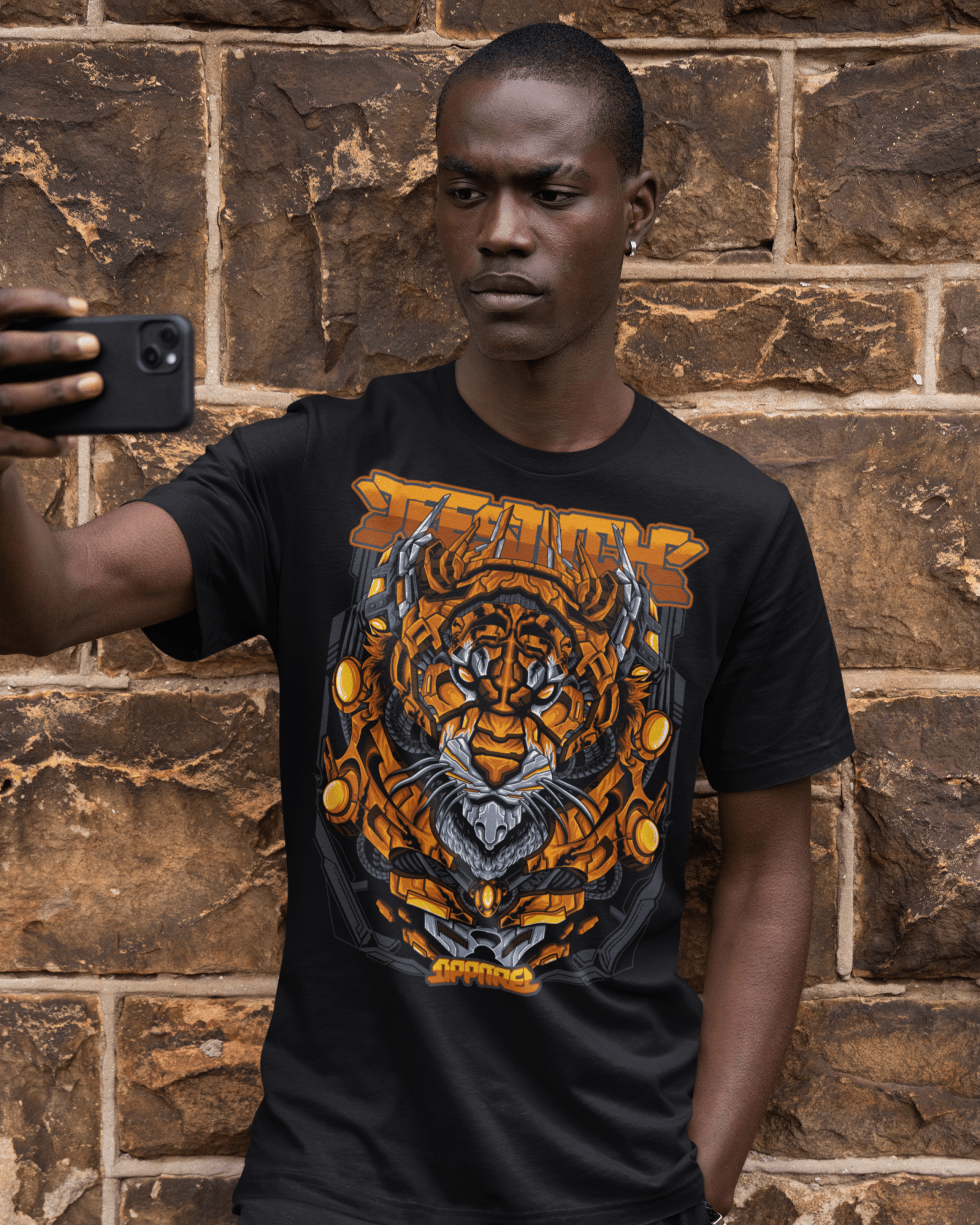 Cyger-designed-tee-mockup-featuring-a-man-taking-a-selfie-by-a-brick-wall