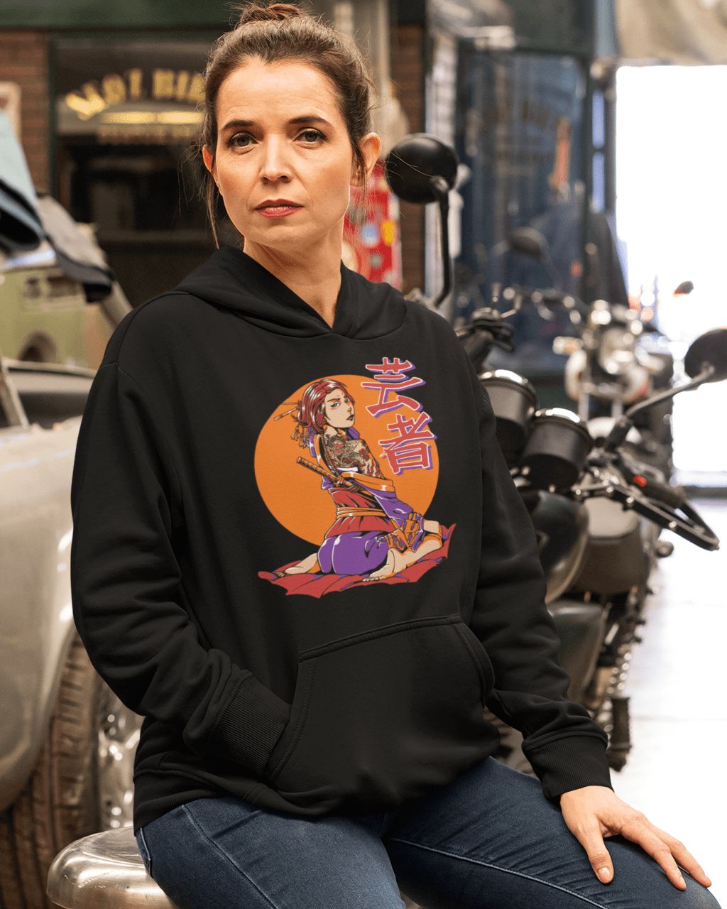 Kimono-Tattoo-hoodie-mockup-of-a-woman-at-a-workshop