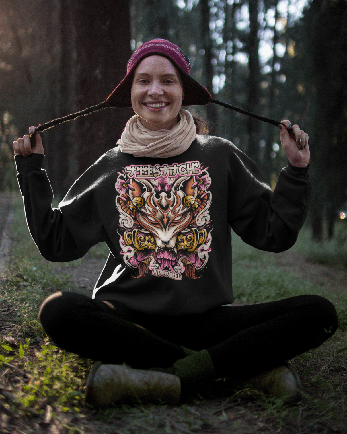 girl-wearing-a-Kitsune-designed-crewneck-sweatshirt-mockup-and-a-purple-beanie-in-the-woods-TeeStitch-Apparel