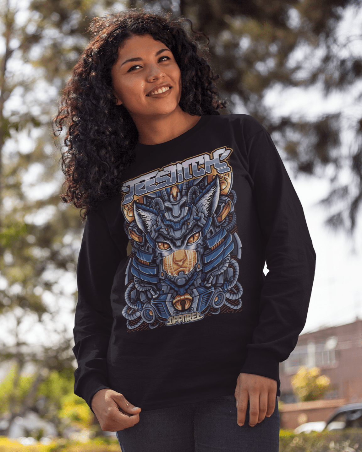 young-happy-woman-wearing-a-Neko-Cyber-Ronin-designed-crewneck-sweatshirt-mockup-while-in-the-forest-TeeStitch-Apparel