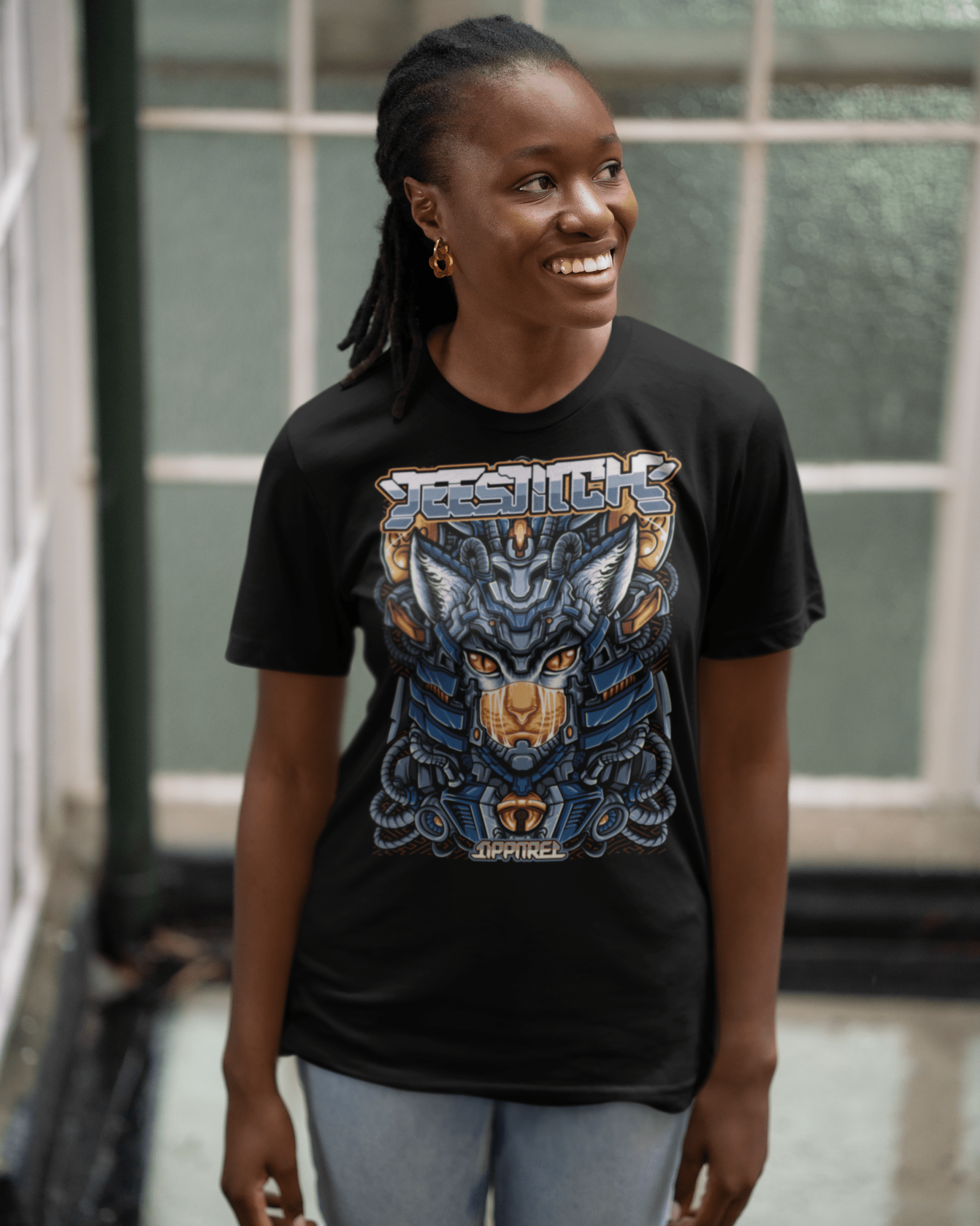 Astro-Cyber-Neko-t-shirt-mockup-of-a-cheerful-woman-posing-against-a-window