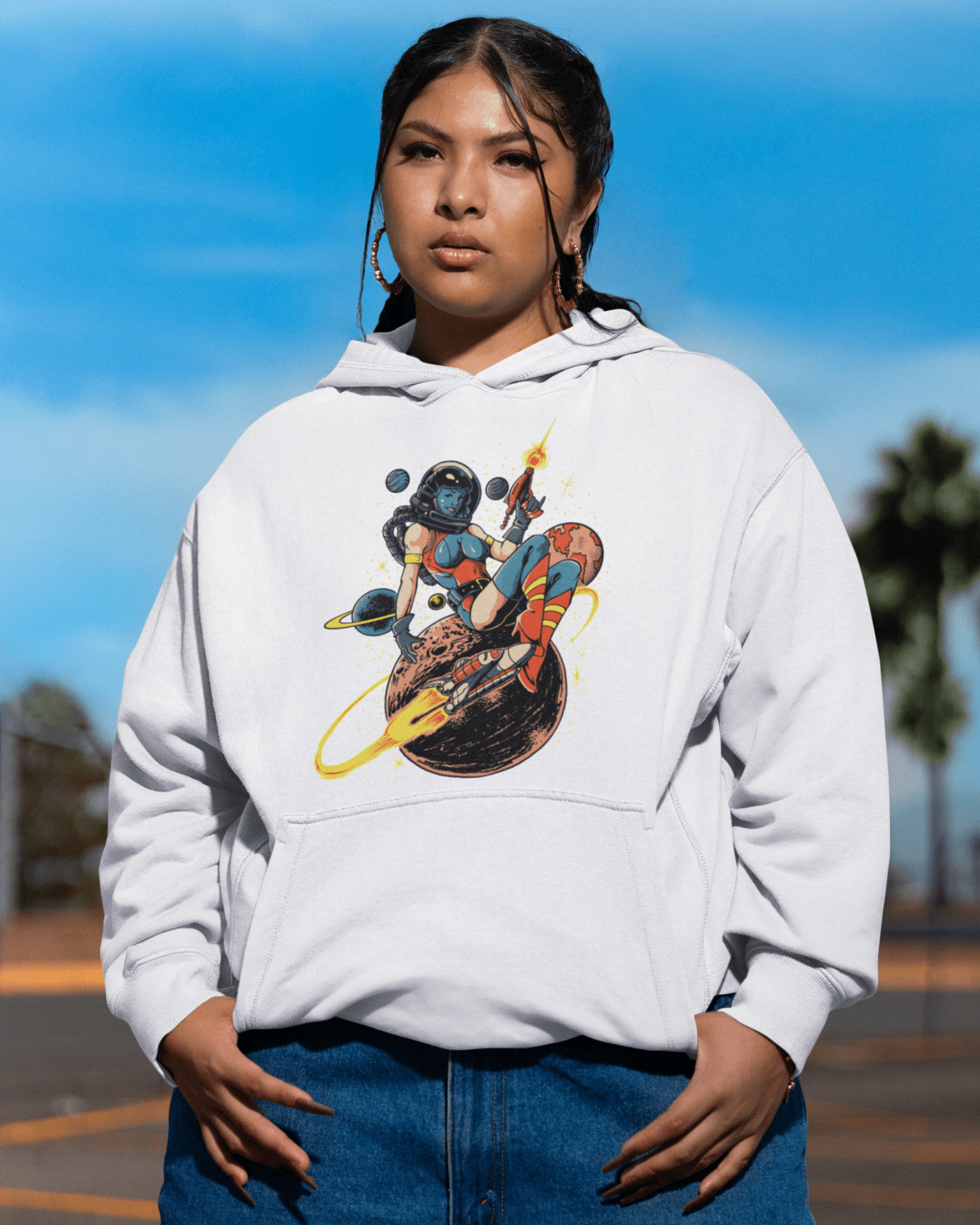 Sexy-Astro-hoodie-mockup-featuring-a-serious-woman-posing-in-a-parking-lot