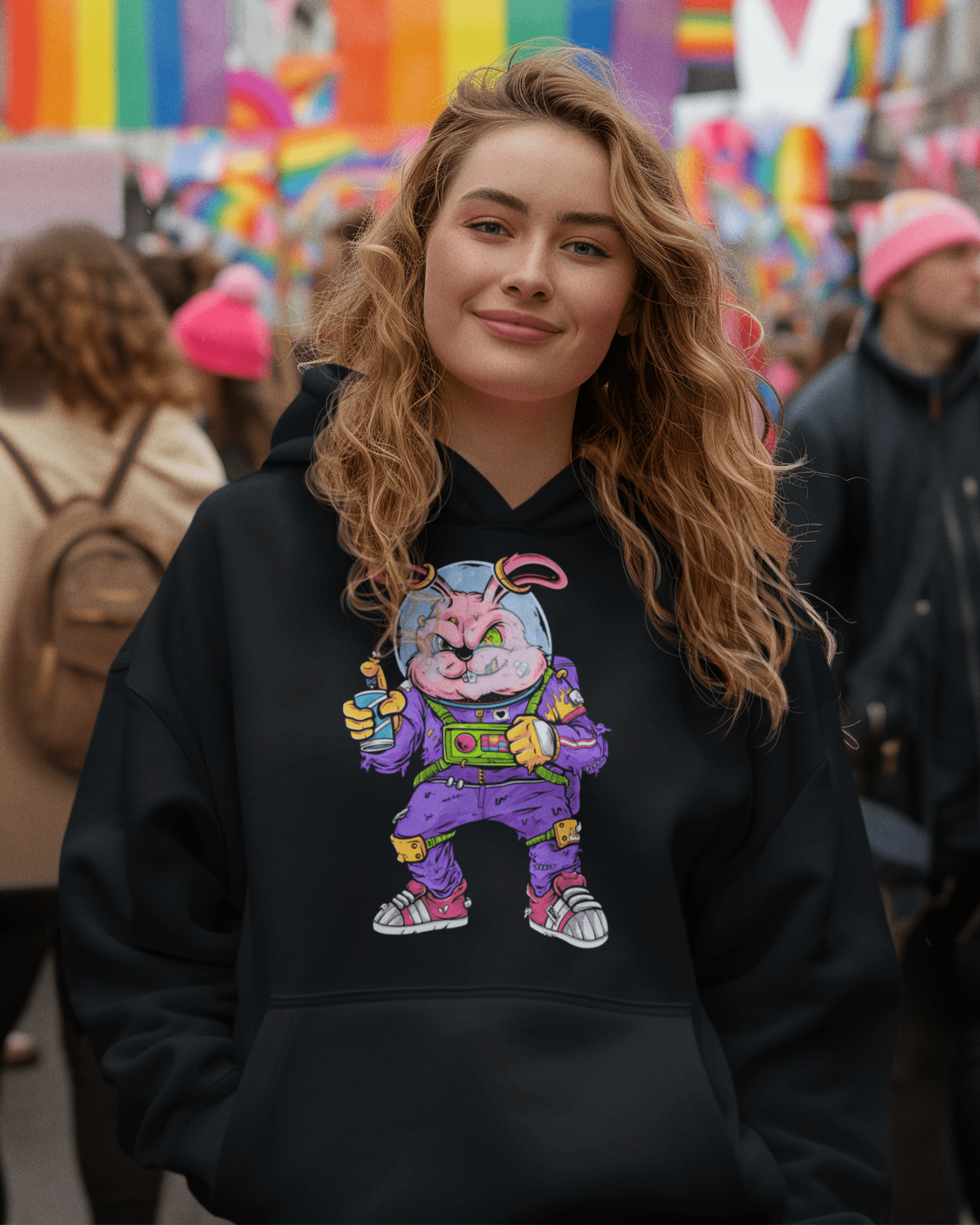 Space-Rabbit-themed-hoodie-mockup-of-a-woman-with-a-painted-rainbow-flag-on-her-face-TeeStitch-Apparel
