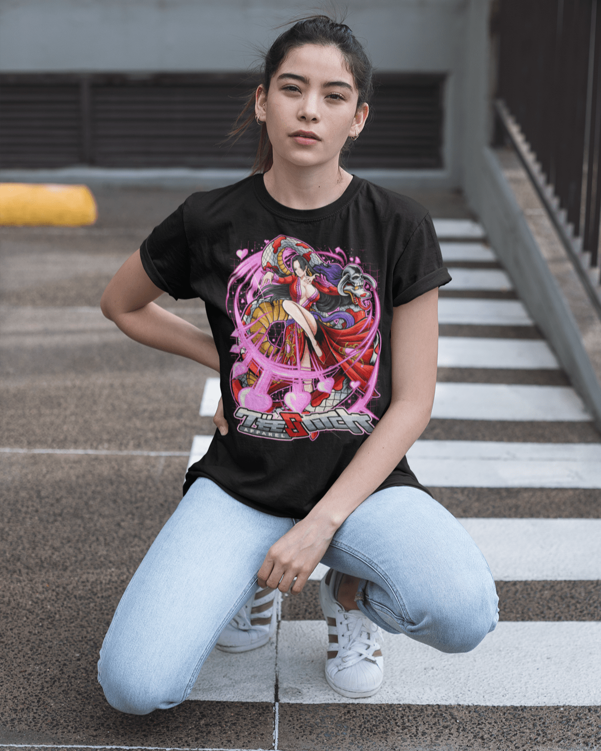 Sweet-Addition-unisex-tee-mockup-of-a-woman-posing-in-a-parking-lot
