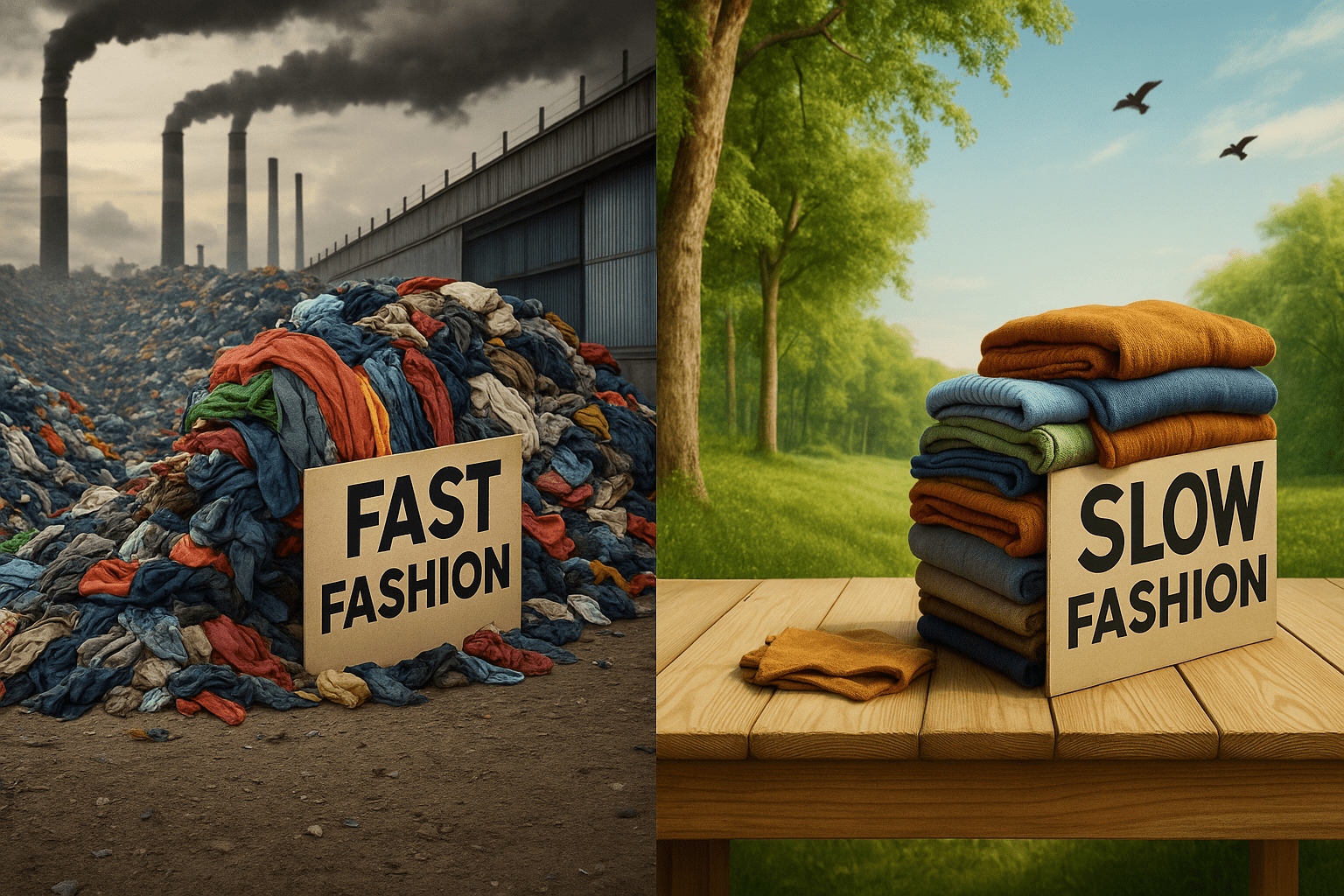Fast fashion waste compared to slow fashion folded clothing in nature.