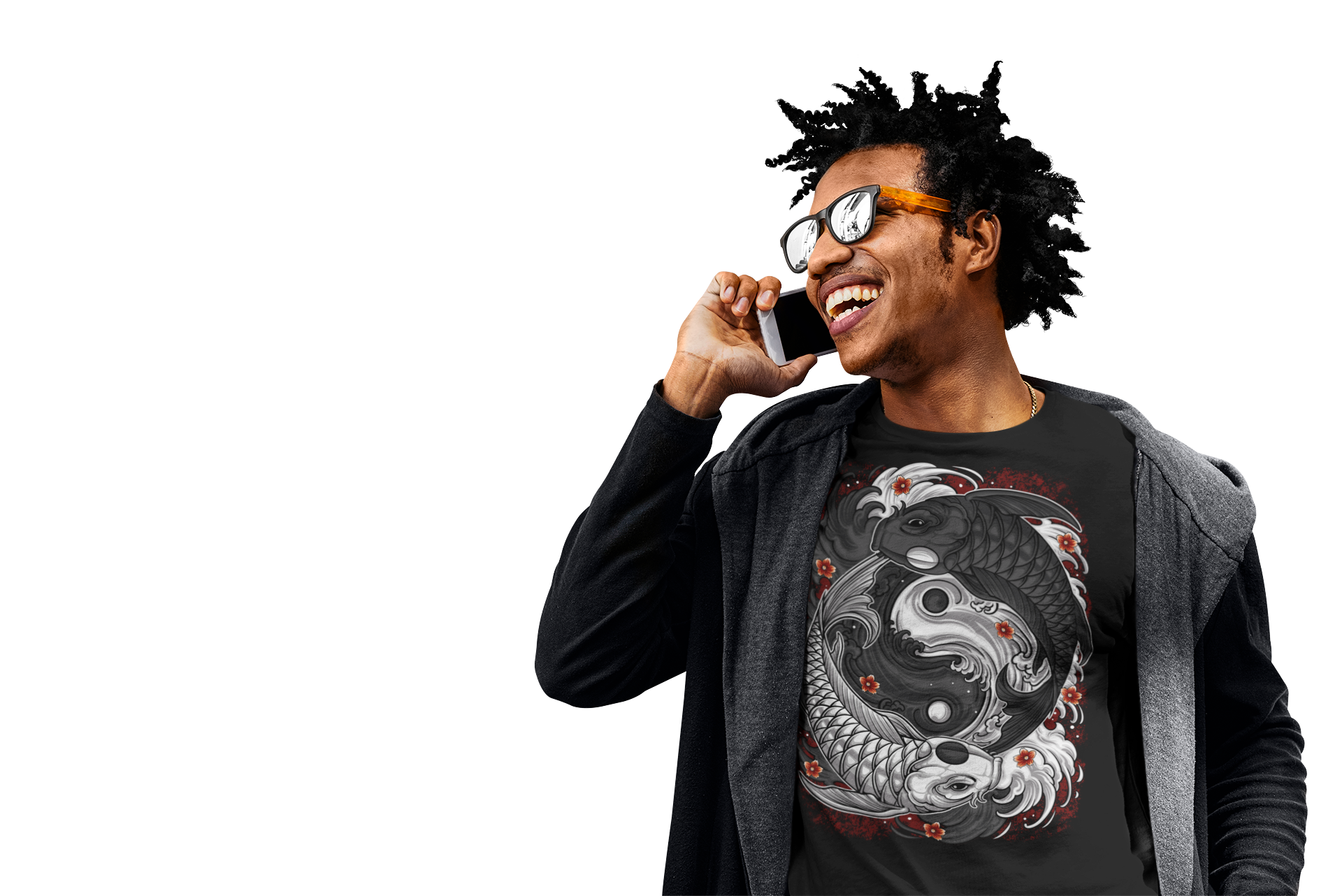 Man talking on a phone wearing a black t-shirt with a koi fish and yin-yang design.