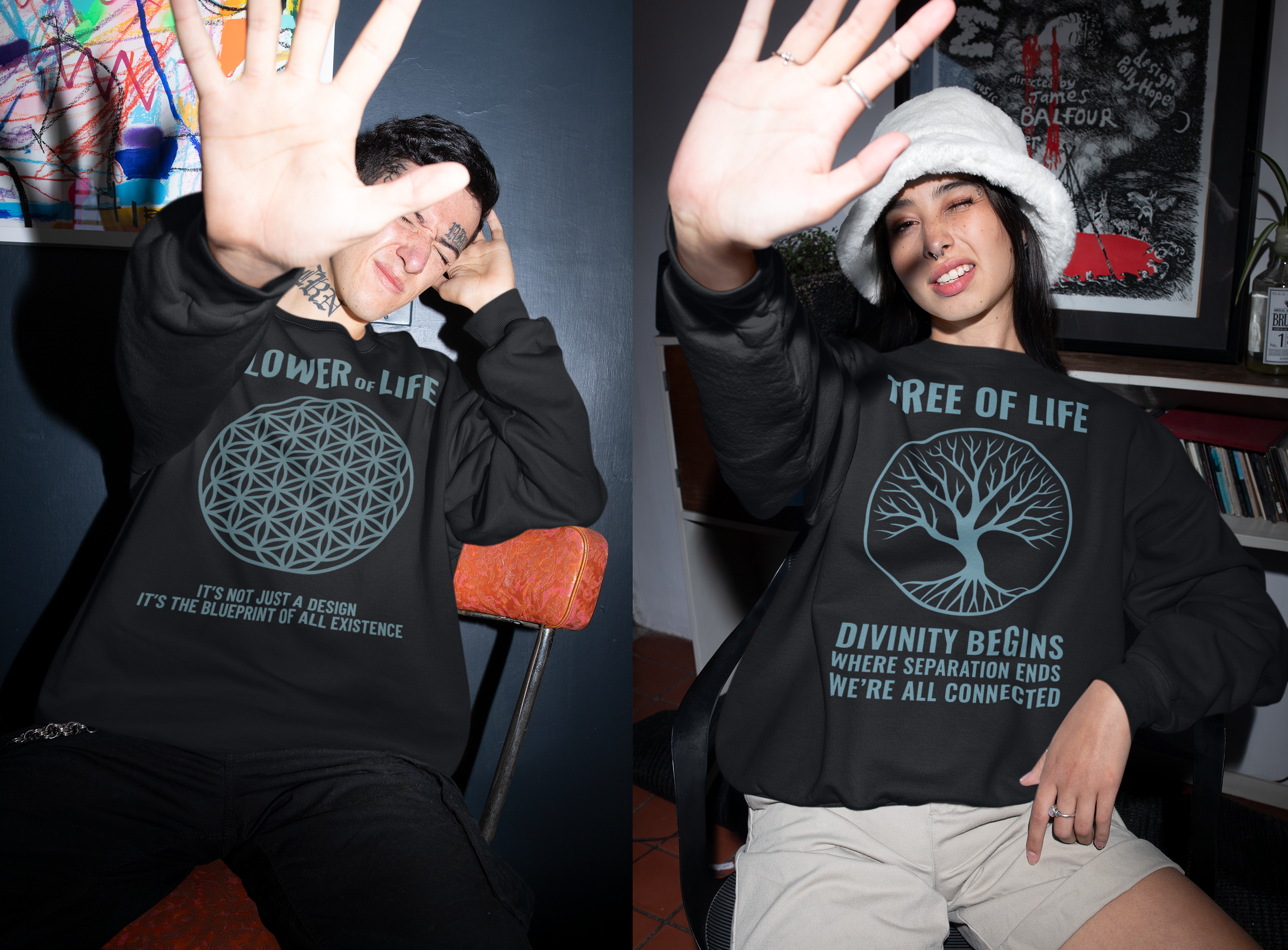 Two people wearing black sweatshirts with 'Tree of Life' and 'Flower of Life' design and text.