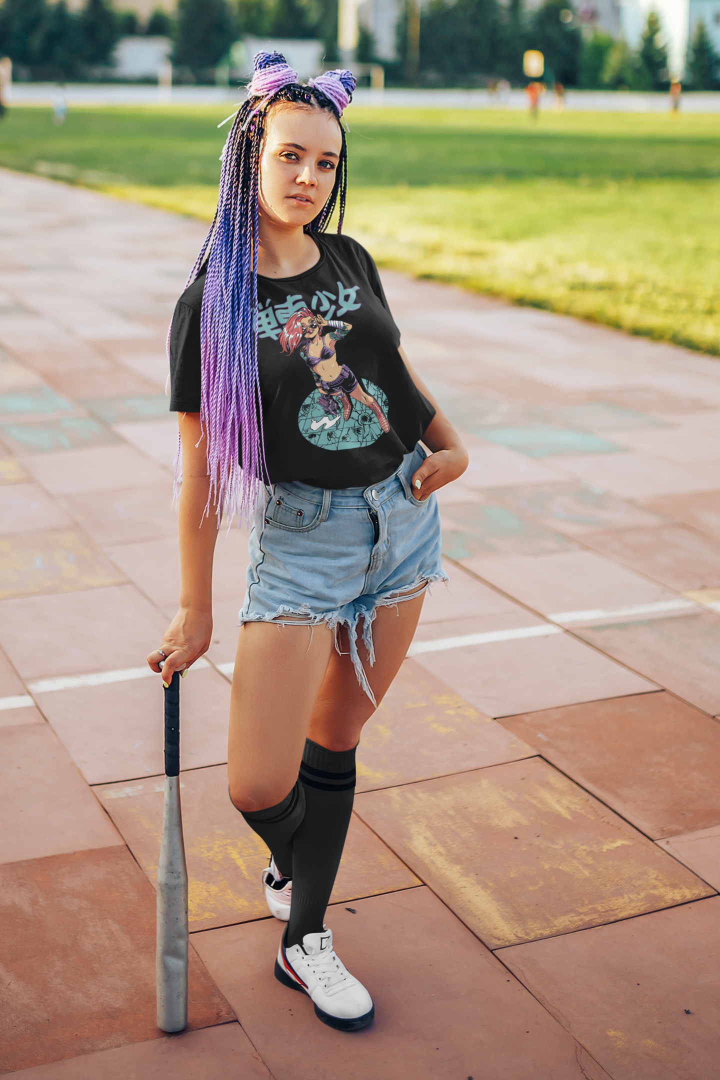 Tank-Girl-t-shirt-mockup-of-a-woman-with-dreadlocks-posing-with-a-baseball-bat