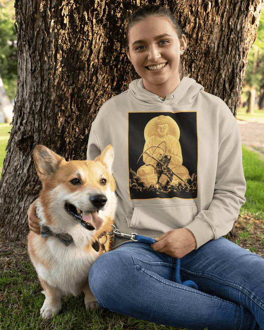 Battle-Buddha-designed-pullover-hoodie-mockup-featuring-a-woman-and-her-dog-sitting-by-a-tree