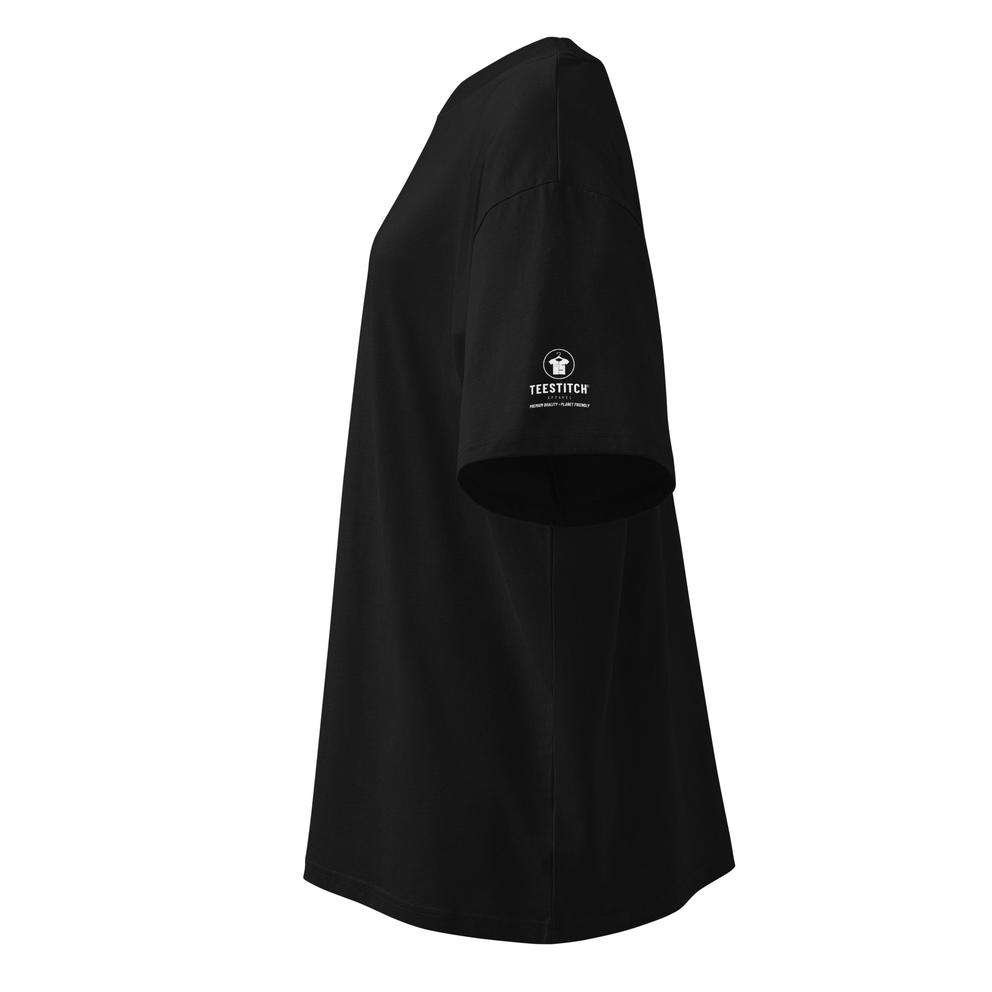 Black one-shoulder top with a brand logo on a white background