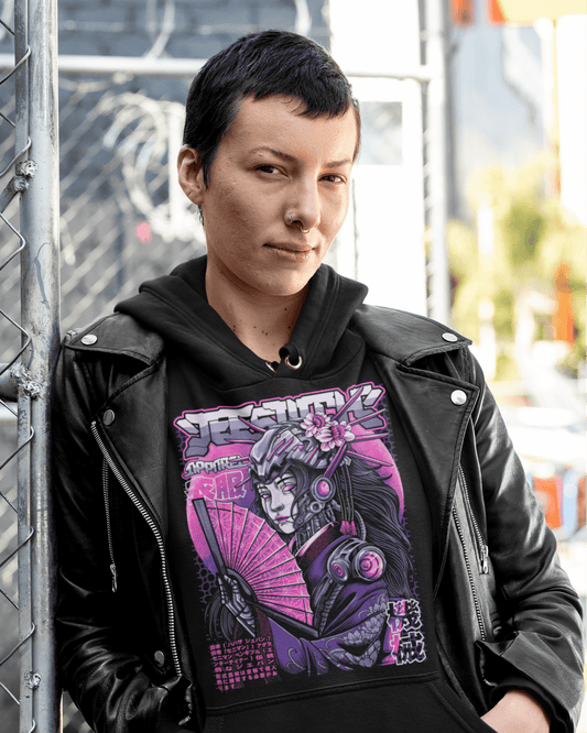 Cyber-Geisha-II-pullover-hoodie-mockup-of-a-cool-woman-TeeStitch-Apparel