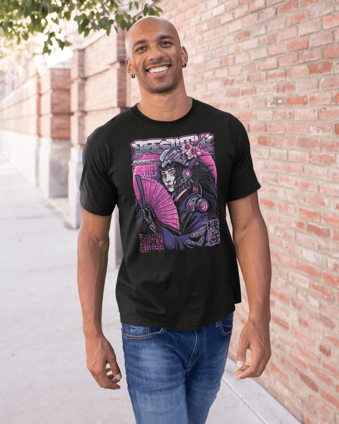 t-shirt-mockup-featuring-Cyber-Geisha-II-design-worn-by-man-walking-under-a-tree