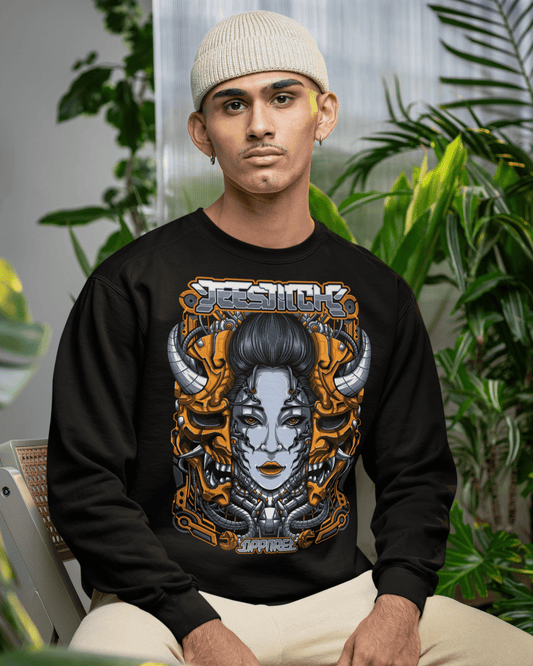Cyber-Oni-Empress-designed-sweatshirt-mockup-featuring-a-man-sitting-on-a-chair-in-a-garden-TeeStitch-Apparel