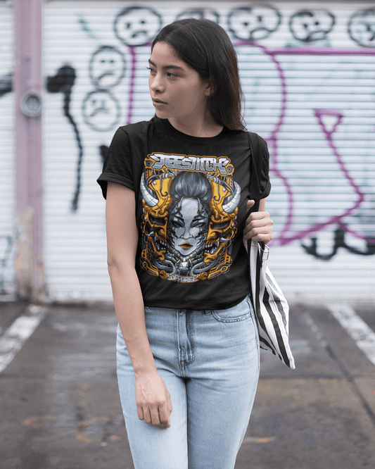 Cyber-Oni-Empress-mockup-of-a-woman-wearing-a-unisex-t-shirt