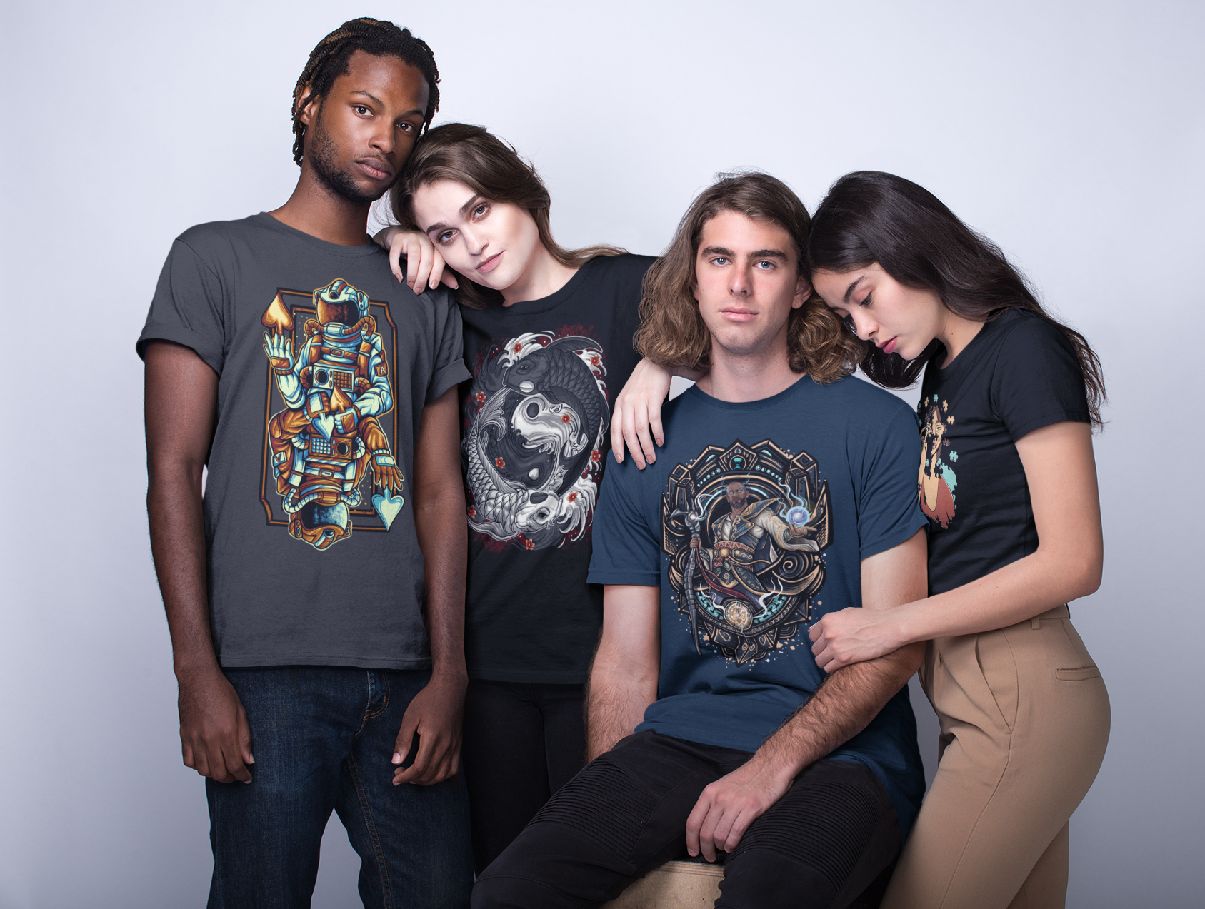 four-friends-wearing-t-shirts-mockup-while-posing