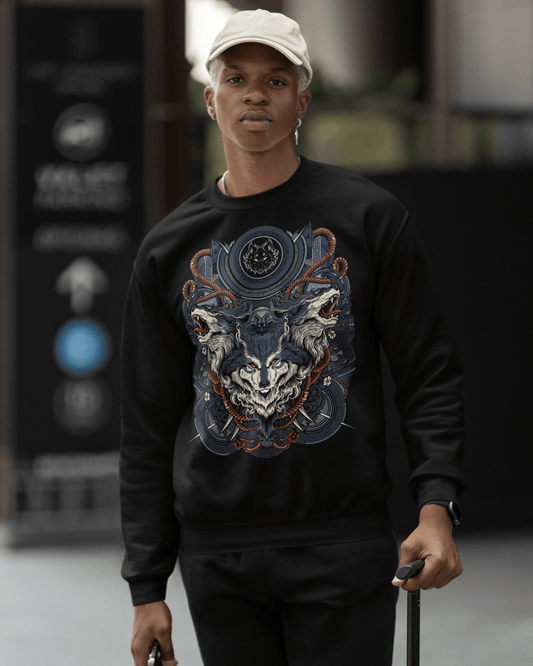 Person wearing a black sweatshirt with a colorful graphic design, standing outdoors. TeeStitch Apparel 