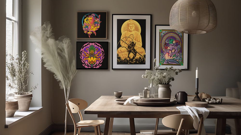 mockup-of-four-different-sized-art-prints-placed-in-a-contemporary-dining-room