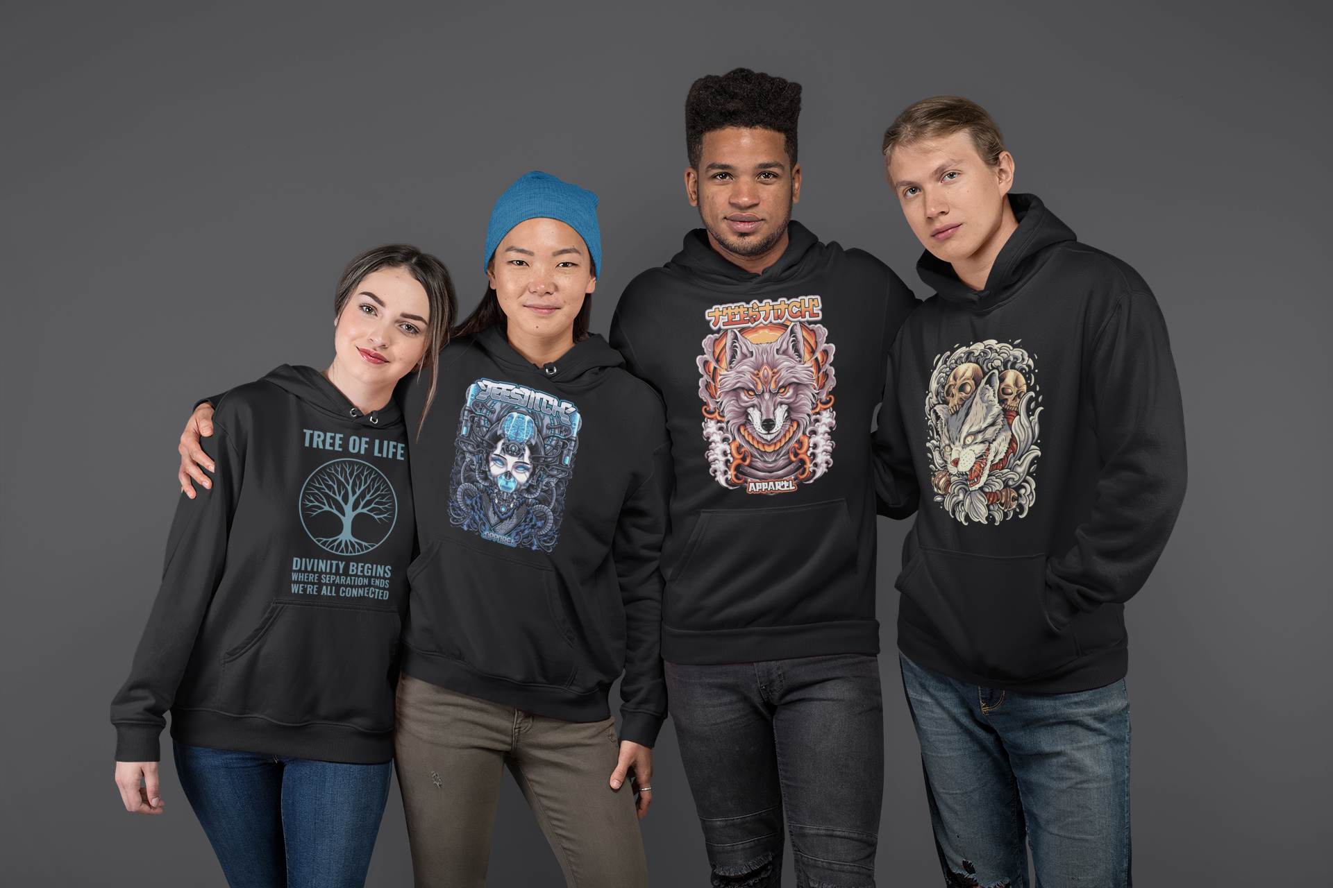 mockup-of-four-friends-wearing-hoodies-with-TeeStitch-Apparel-exclusive-designs