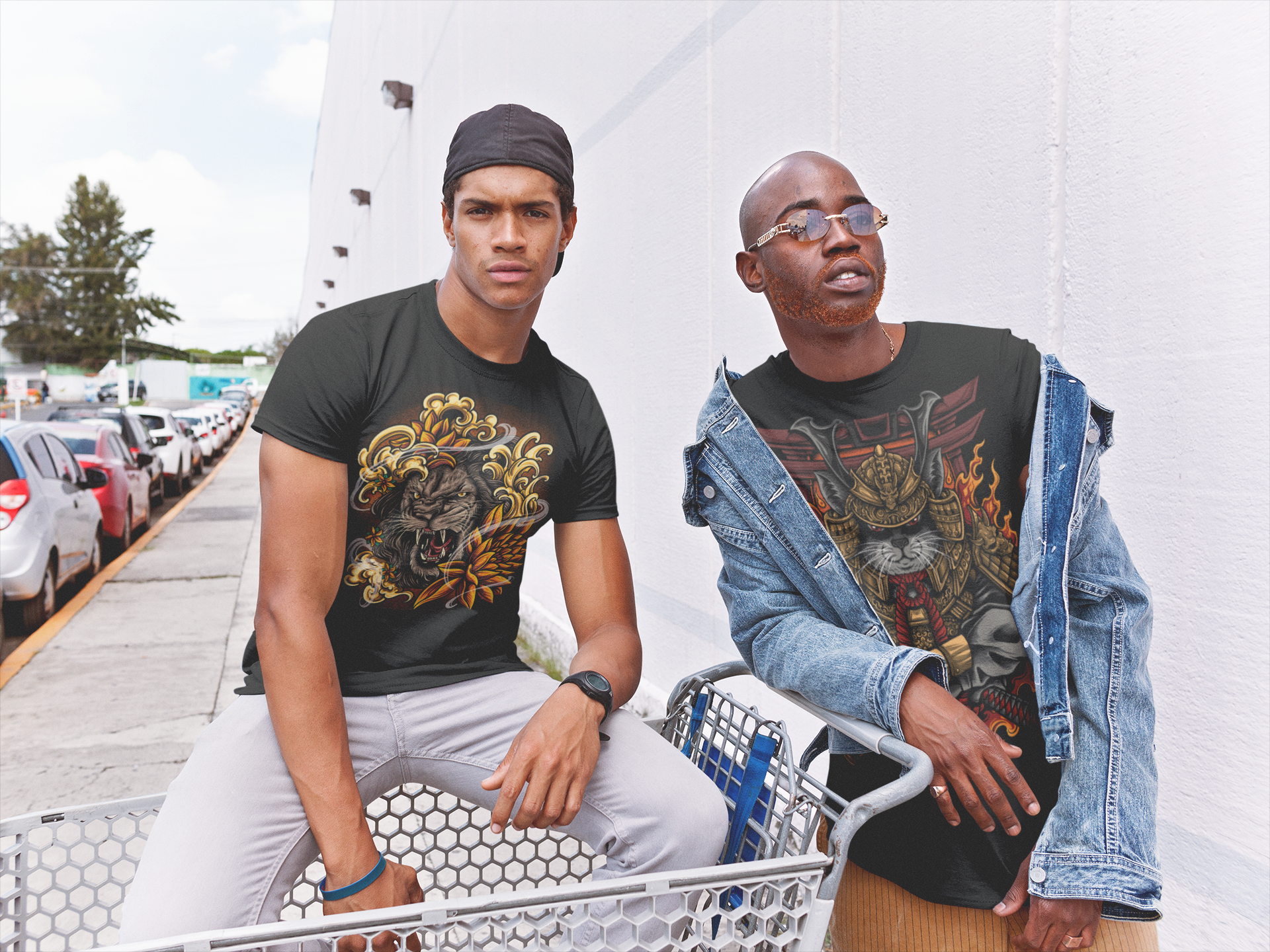 two-men-wearing-t-shirts-with-a-shopping-cart