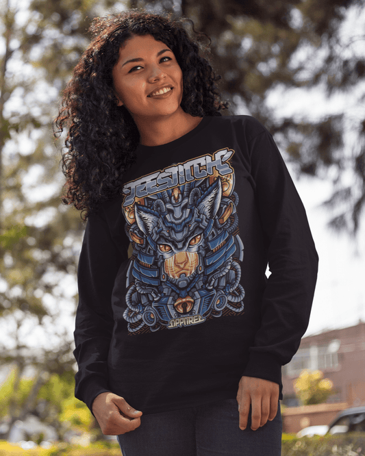 young-happy-woman-wearing-a-Neko-Cyber-Ronin-designed-crewneck-sweatshirt-mockup-while-in-the-forest-TeeStitch-Apparel
