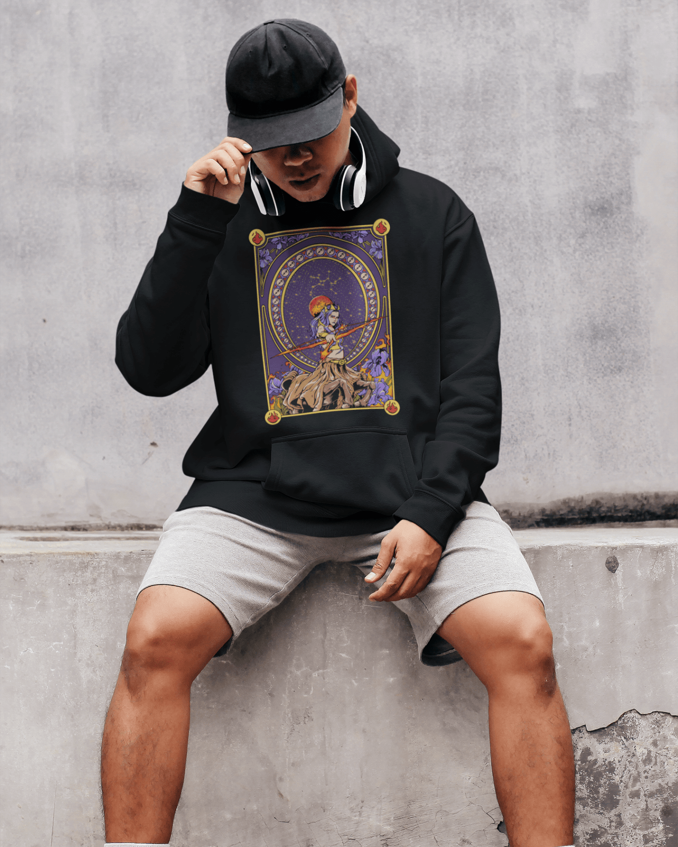 Man wearing a Sagittarius designed Unisex Hoodie || TeeStitch Apparel
