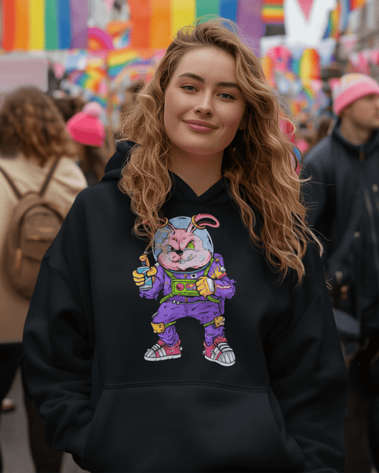 Space-Rabbit-themed-hoodie-mockup-of-a-woman-with-a-painted-rainbow-flag-on-her-face-TeeStitch-Apparel