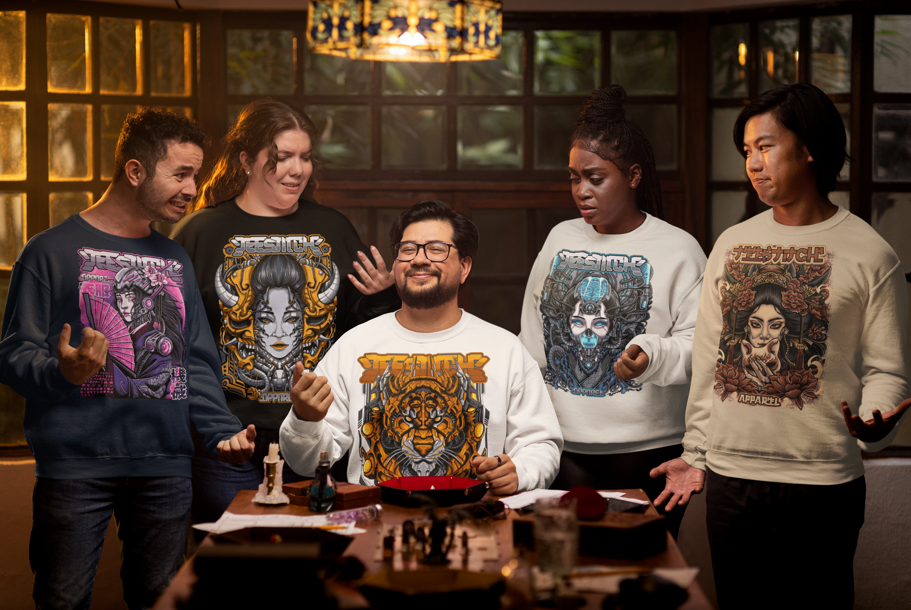 Five people wearing TeeStitch Apparel exclusive  designed graphic sweatshirts in a room.