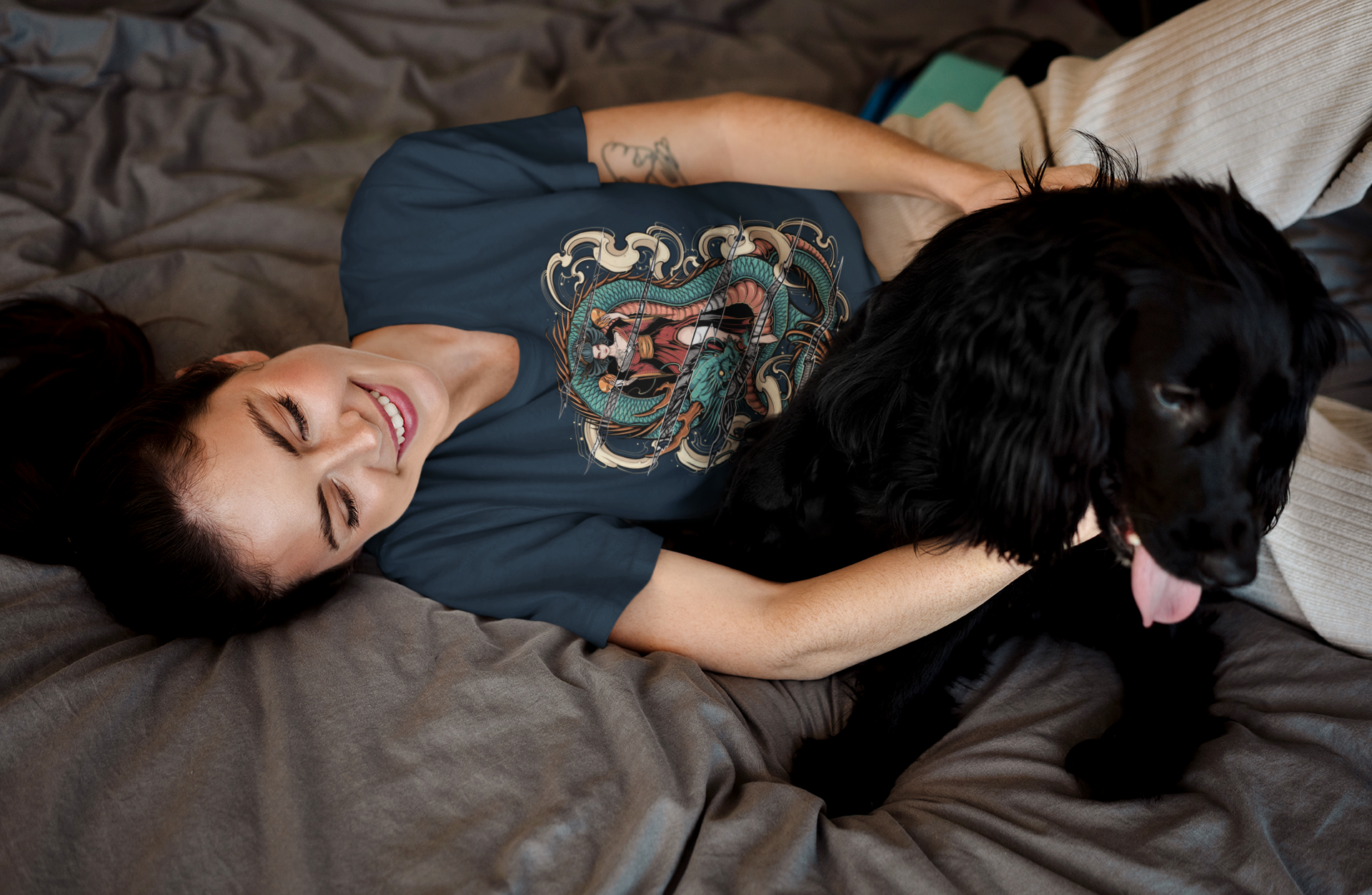 t-shirt-mockup-of-a-woman-playing-in-bed-with-her-dog-with-a-TeeStitch-Apparel-exclusive-design