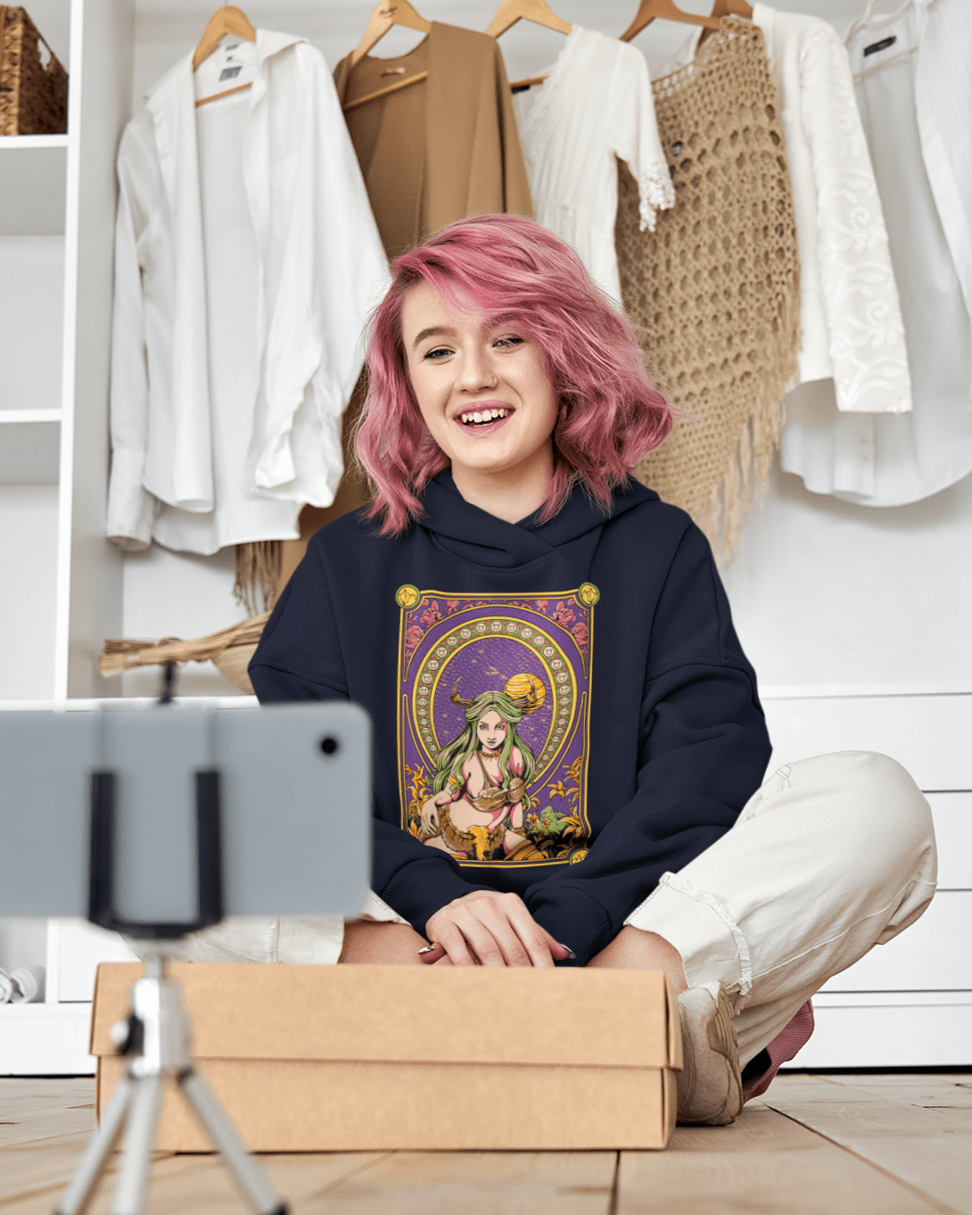 woman wearing a taurus-designed Unisex Hoodie || TeeStitch Apparel