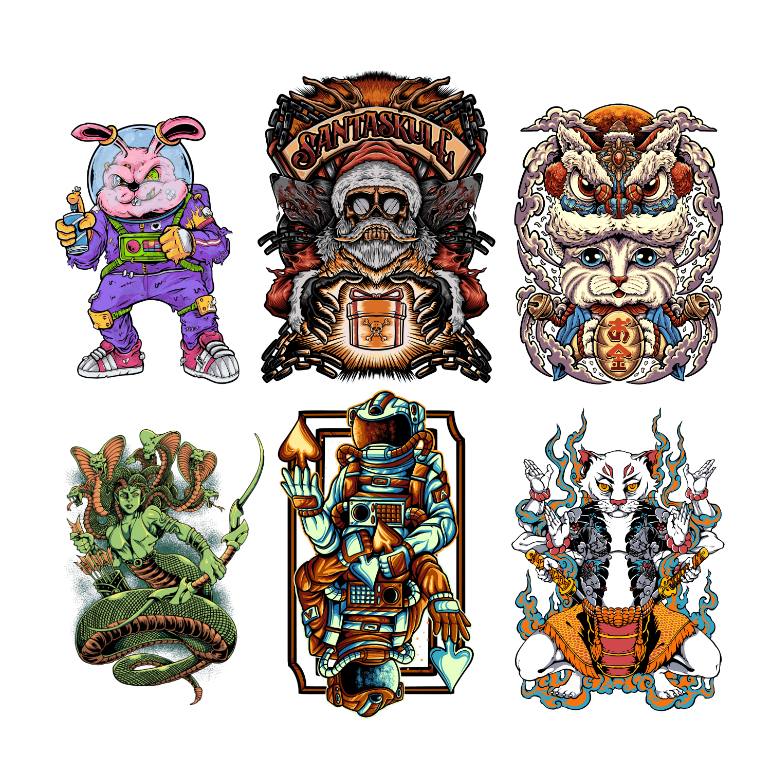 Set of six exclusive colorful illustrations