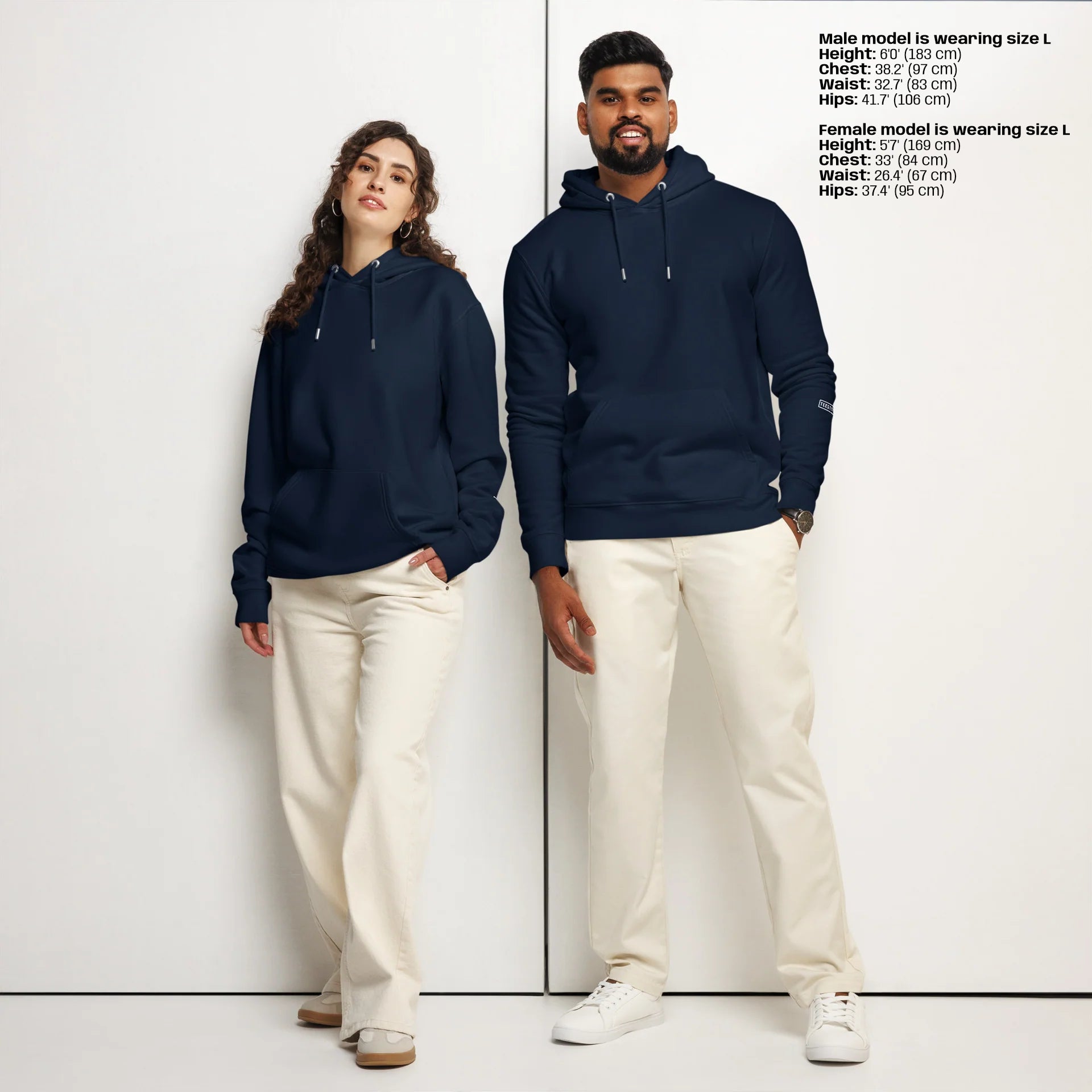 unisex-essential-organic-hoodie-french-navy-front-with-model-measurements