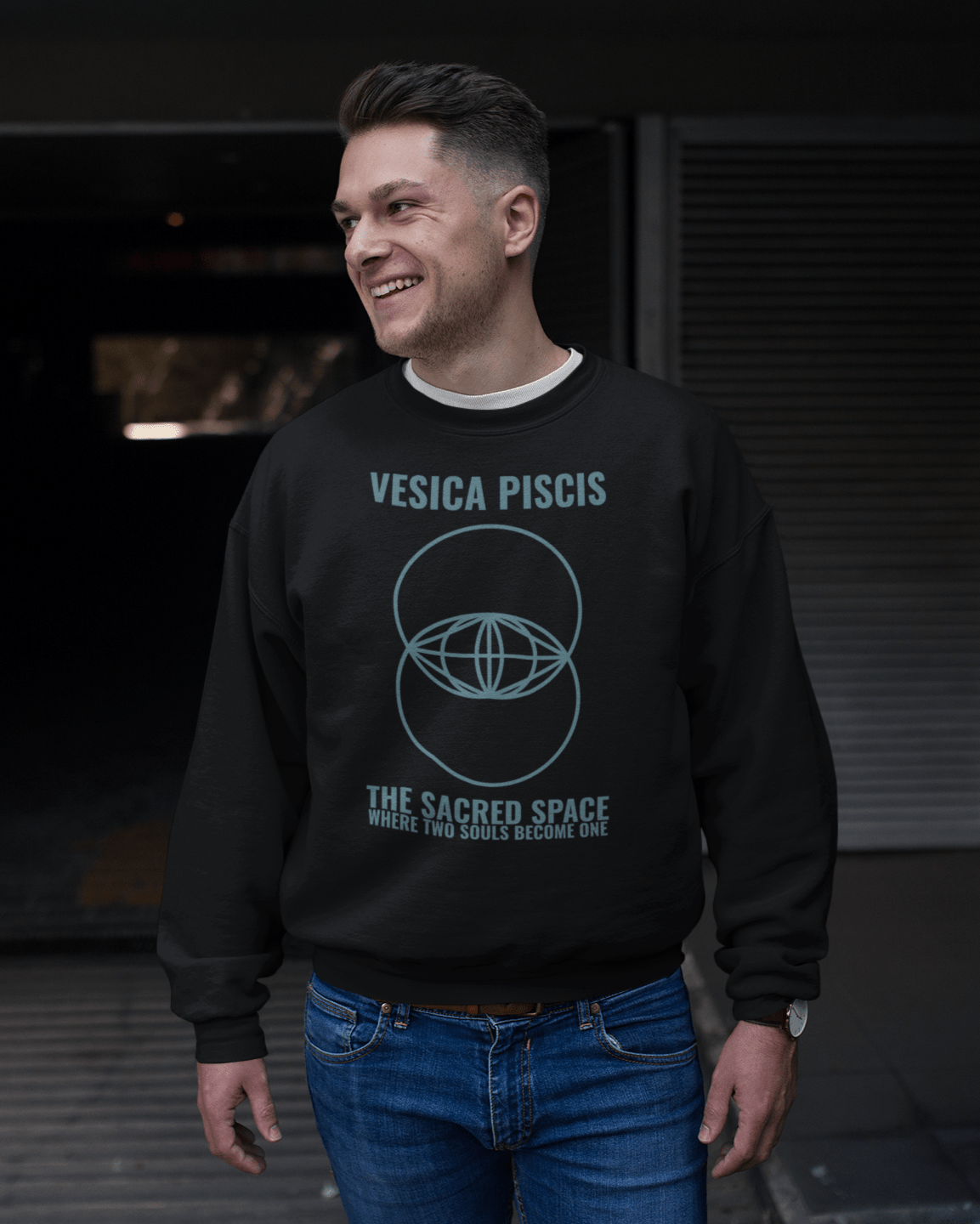 man-wearing-a-vesica-piscis-designed-crew-neck-sweatshirt-template-while-walking