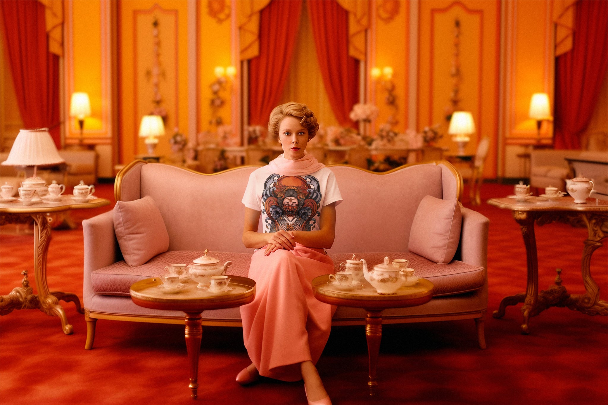 wes-anderson-inspired-tee-mockup-of-a-woman-sitting-in-an-elegant-room-with-a-vintage-style-wearing-a-TeeStitch-Geisha-design